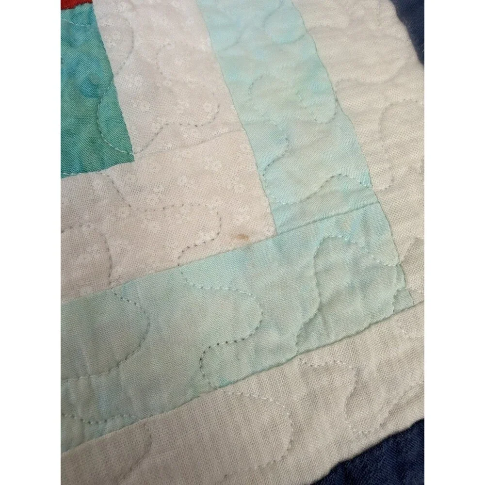 Handmade Log Cabin Patchwork Quilt 57.5x57 Chicken Backing Red Blue Throw
